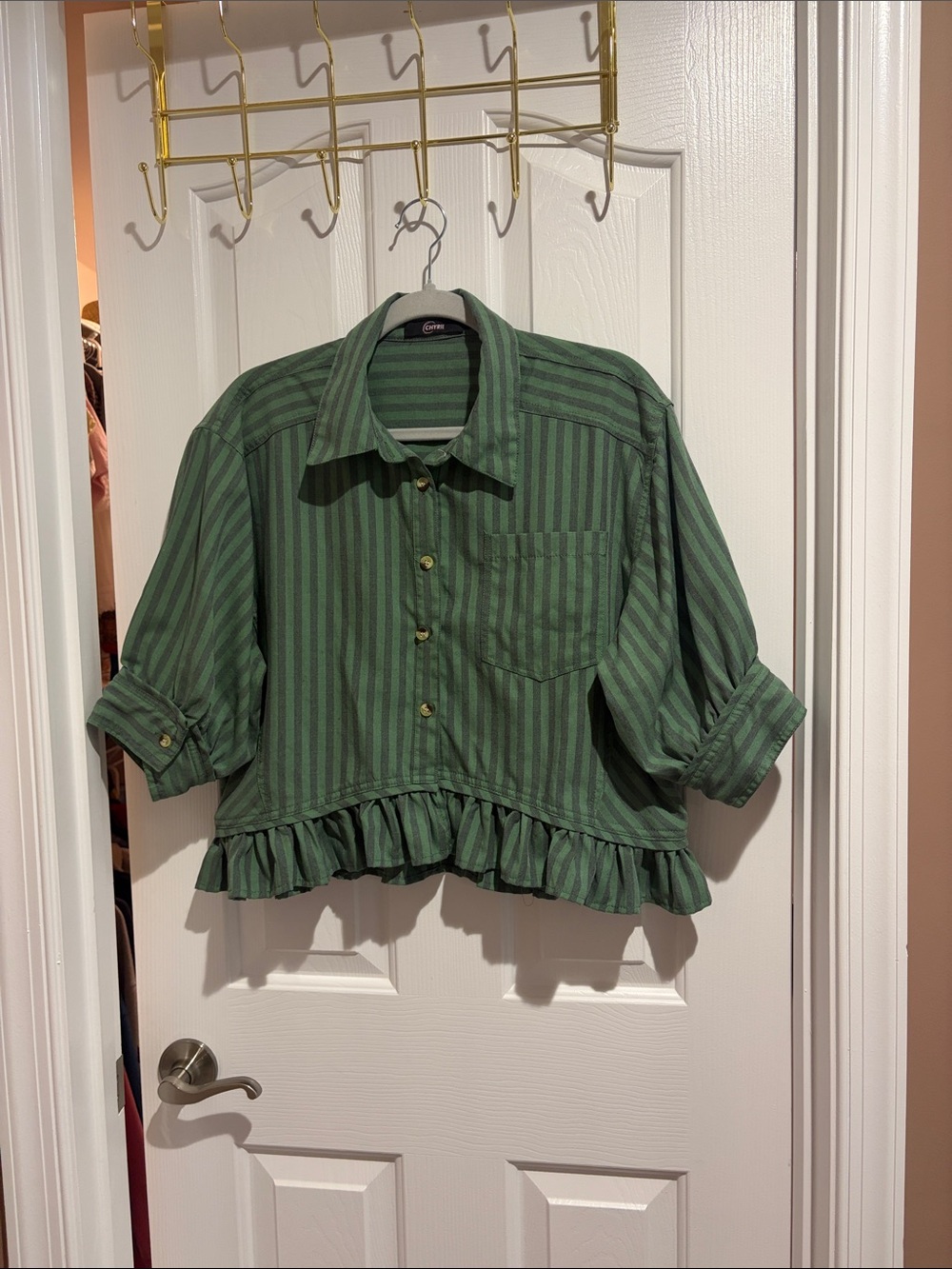 Girls' Green Striped Ruffle-Hem Button Down Shirt - Picture 1 of 3